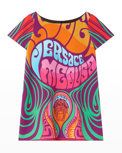 Shop Versace Girl's Medusa Music Logo Dress In Orange Multicolor