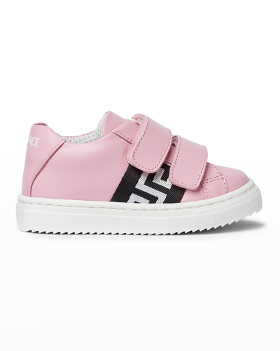 Shop Versace Kid's Greca Leather Grip-strap Sneakers, Baby/toddlers In Pink