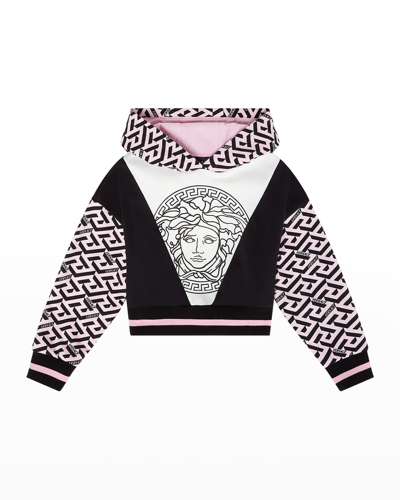 Shop Versace Girl's Greca Medusa Logo Hoodie In White Black Multi