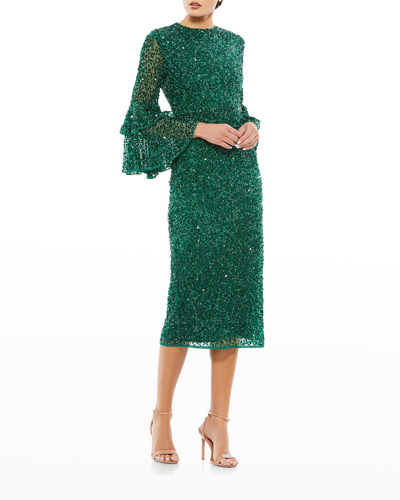 Shop Mac Duggal Tiered Ruffle-sleeve Sequin Midi Dress In Deep Emerald