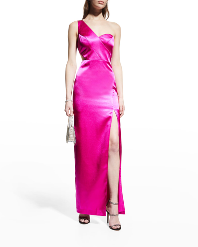 Shop Aidan Mattox One-shoulder Front-slit Column Gown In Pink Flame