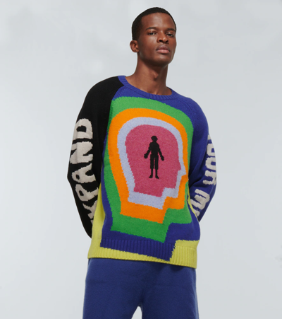 Shop The Elder Statesman Cashmere Crewneck Sweater In Limon/black/blue Jay (c214)