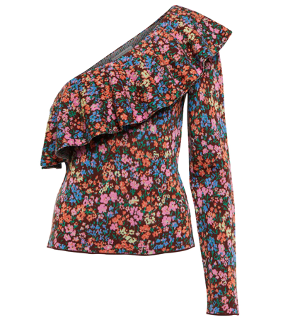 Shop Philosophy Di Lorenzo Serafini Floral Jacquard Cotton One-shoulder Top In Fantasy Print Brown