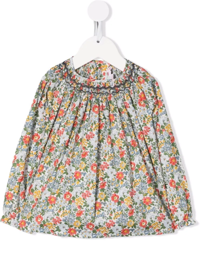 Shop Bonpoint Floral-print Smocked Blouse In White