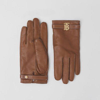Shop Burberry Monogram Motif Leather Gloves In Tan