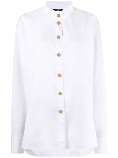 Shop Balmain Collarless Button-up Shirt In White