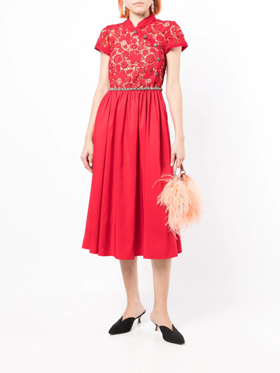 Shop Self-portrait Floral Guipure Lace Midi Dress In Red