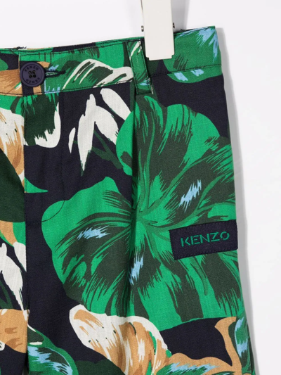 Shop Kenzo Leaf-print Logo-patch Shorts In Blue