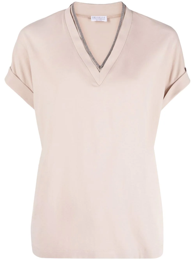 Shop Brunello Cucinelli V-neck Stretch-cotton T-shirt In Neutrals