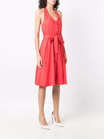 Shop Moschino Halterneck Cotton Midi Dress In Red