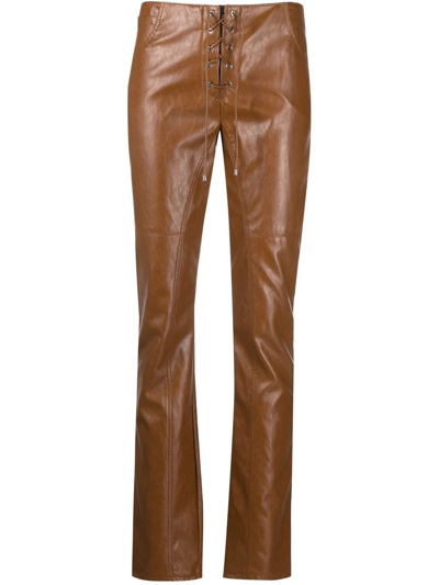 Shop Blumarine Lace-up Faux-leather Trousers In Brown