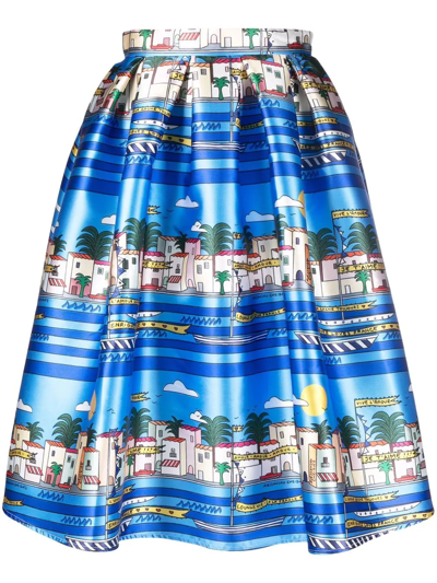 Shop Alessandro Enriquez Printed Flared Skirt In Blue