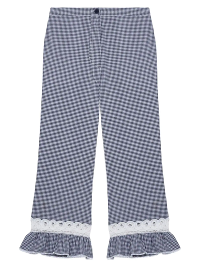 Maje Pitchy Gingham-check Lace-trimmed Organic-cotton Trousers In Navy