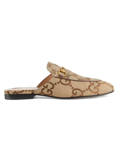 Shop Gucci Women's Princetown Canvas Slippers In Camel Ebony