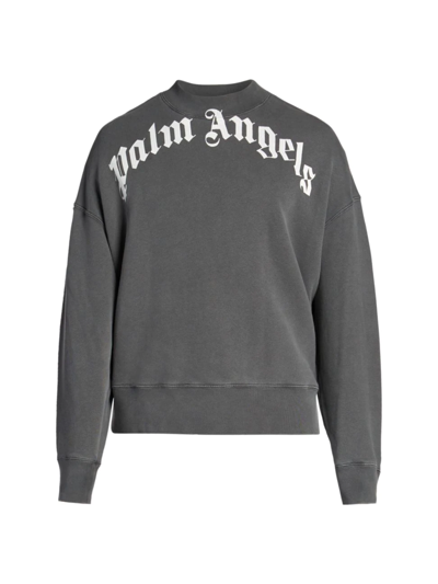 Shop Palm Angels Men's Curved Logo Crewneck Sweatshirt In Black White