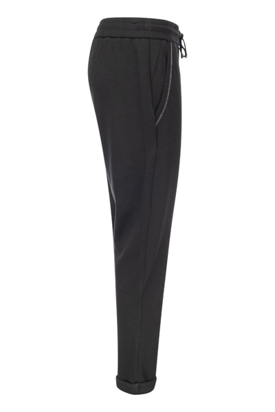 Shop Brunello Cucinelli Cotton-silk Fleece Trousers With "shiny Pocket" In Black