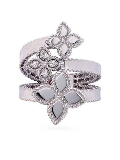 Shop Roberto Coin 18kt White Gold Princess Flower Diamond Ring In Silver