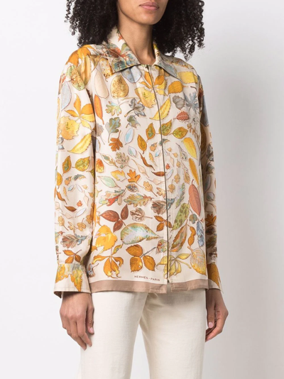 Pre-owned Hermes 1990s  Leaves Print Silk Shirt In Neutrals