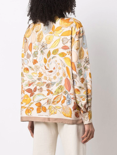 Pre-owned Hermes 1990s  Leaves Print Silk Shirt In Neutrals