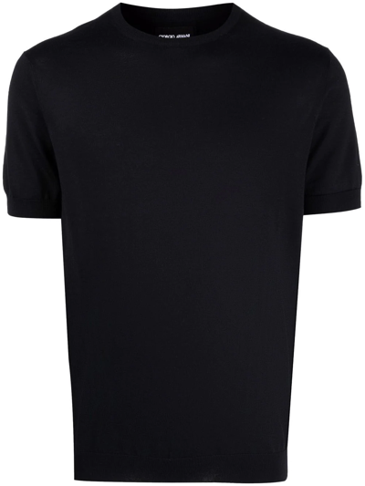 Shop Giorgio Armani Ribbed-knit Short-sleeved T-shirt In Blue