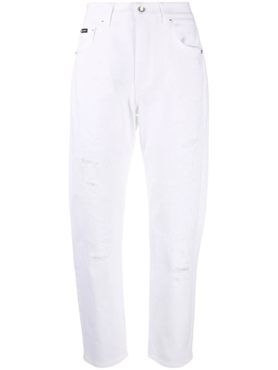 Shop Dolce & Gabbana Distressed High-waisted Straight Leg Jeans In White