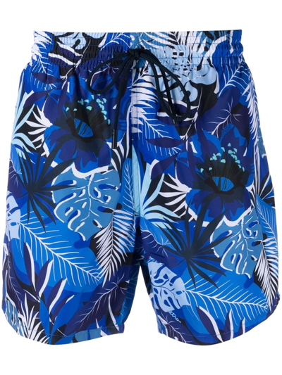 Shop Etro Palm Leaf Print Swim Shorts In Blue