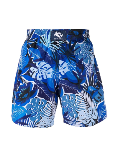 Shop Etro Palm Leaf Print Swim Shorts In Blue