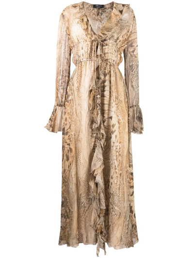 Shop Blumarine Snakeskin-print Silk Dress In Brown