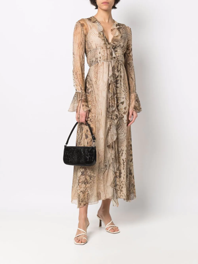 Shop Blumarine Snakeskin-print Silk Dress In Brown