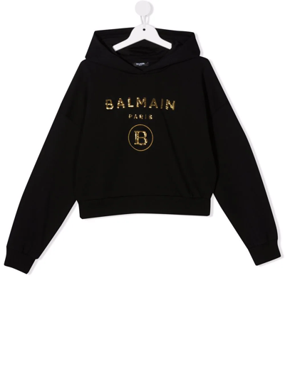 Shop Balmain Teen Logo-embellished Cotton Hoodie In Black