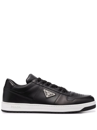 Prada Leather Sneakers With Perforated Toe Cap In Black