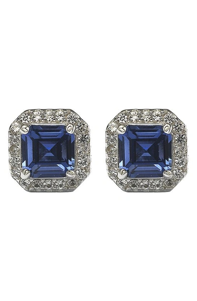 Suzy Levian Sterling Silver Assher Cut Sapphire Halo Stud Earrings In Blue