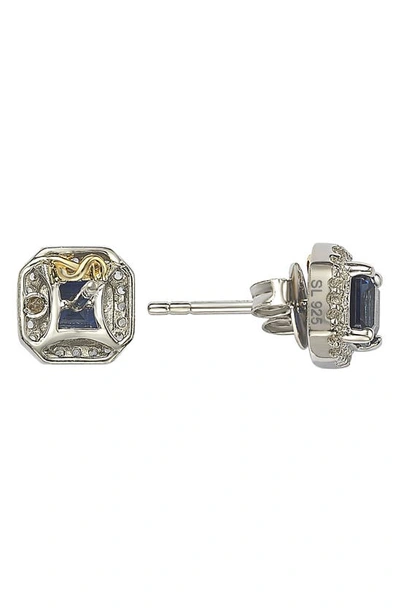 Suzy Levian Sterling Silver Assher Cut Sapphire Halo Stud Earrings In Blue