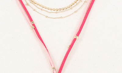 Shop Olivia Welles Layered Chain And Suede Lariat Necklace In Gold / Pink