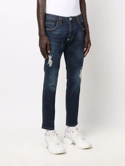Philipp Plein Distressed Blue Slim Fit Jeans In Blue