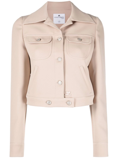 Shop Courrèges Oversized-collar Logo-embroidered Cropped Jacket In Neutrals