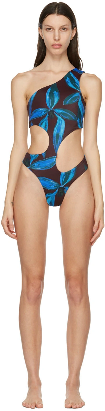 Shop Louisa Ballou Brown & Blue Carve One-piece In Blue Orchid