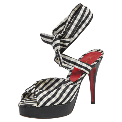 Pre-owned Dolce & Gabbana Black/white Canvas Platform Ankle Wrap Sandals Size 37
