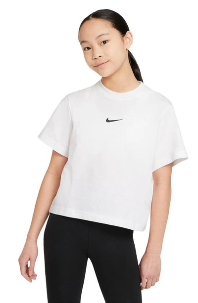 Shop Nike Sportswear Kids' Essential Boxy Embroidered Swoosh T-shirt In White/black