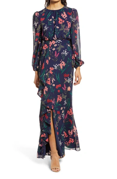 Shop Eliza J Floral Cascade Ruffle Long Sleeve Dress In Navy