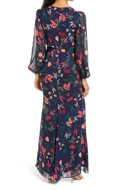 Shop Eliza J Floral Cascade Ruffle Long Sleeve Dress In Navy