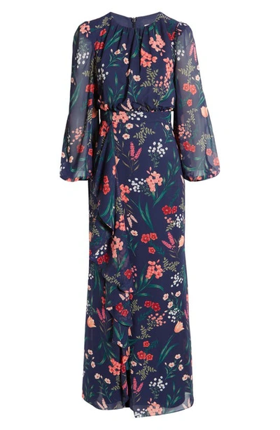 Shop Eliza J Floral Cascade Ruffle Long Sleeve Dress In Navy