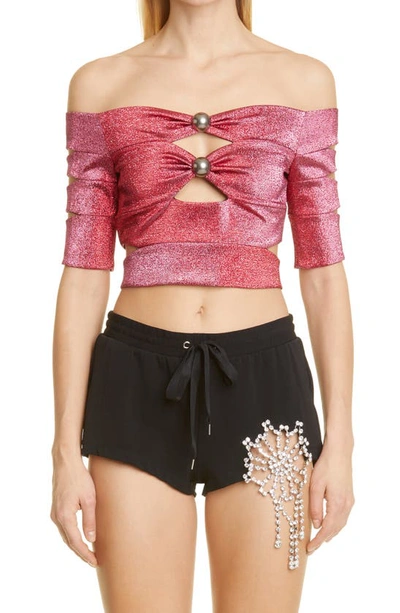 Shop Area Banded Off The Shoulder Knit Crop Top In Pink/ Red