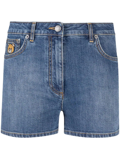 Shop Moschino Teddy Bear Patch Denim Shorts In Blau