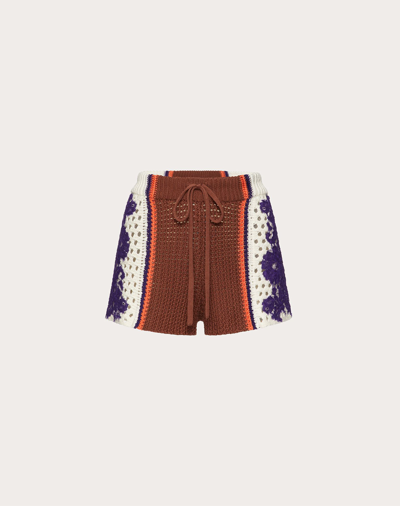 Shop Valentino Cotton And Lace Shorts In Brown/multicolor