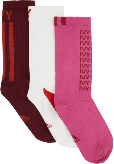 Shop Adidas X Ivy Park Three-pack Multicolor Logo Socks In Shock Pink/core Whit