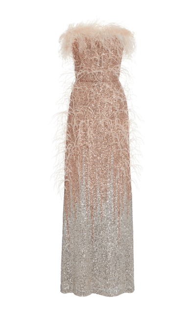 Shop Elie Saab Women's Feather-trimmed Sequined Strapless Gown In Neutral