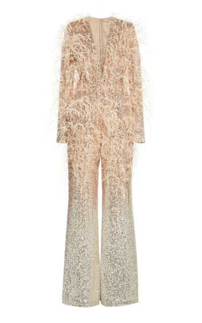 Shop Elie Saab Women's Feathered Sequin Jumpsuit In Neutral