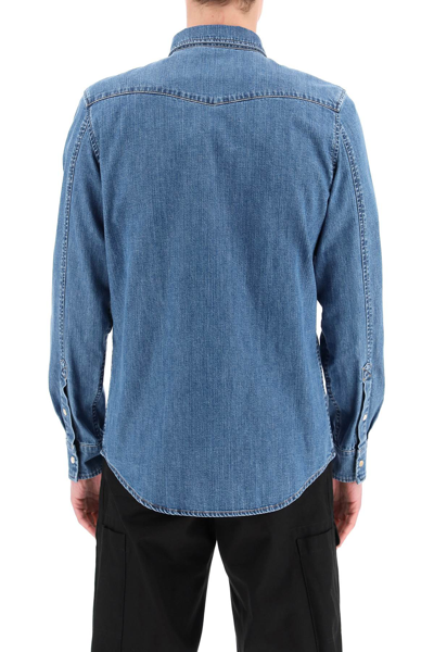 Shop Alexander Mcqueen Denim Shirt With Embroidered Logo In Blue