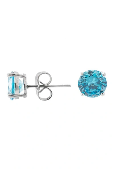 Shop Cz By Kenneth Jay Lane Round Cz 4 Prong Luxe Earrings In Blue Topaz/silver